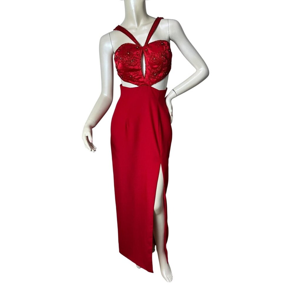 Vintage red formal gown with beaded bodice and cut out sides Size 6